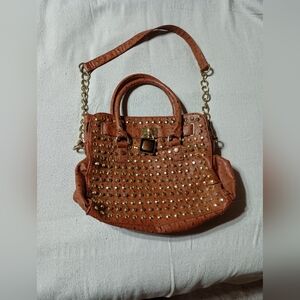 Braciano cognac brown pebbled faux leather satchel purse with gold hardware